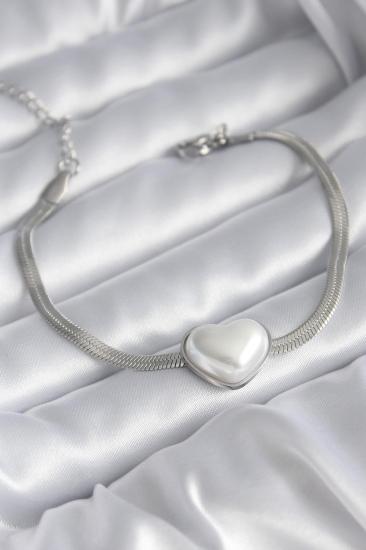 Hkursat Çelik Gümüş Renk İtalyan Zincir 3D İnci Kalp Model Kadın Bileklik