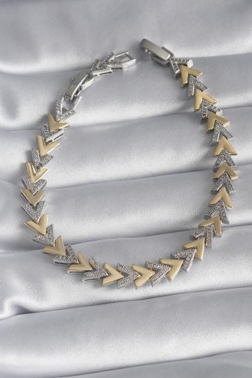 Pirinç Gold Gümüş Renk Zirkon Taş Detay V Model VIP Seri Kadın Bileklik