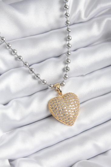 Hkursat Çelik Gümüş Renk Topçuk Zincir Gold Zirkon Taşlı Kalp Tasarım Kadın