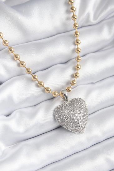 Hkursat Çelik Gold Renk Topçuk Zincir Gümüş Zirkon Taşlı Kalp Tasarımlı Kadın Kolye